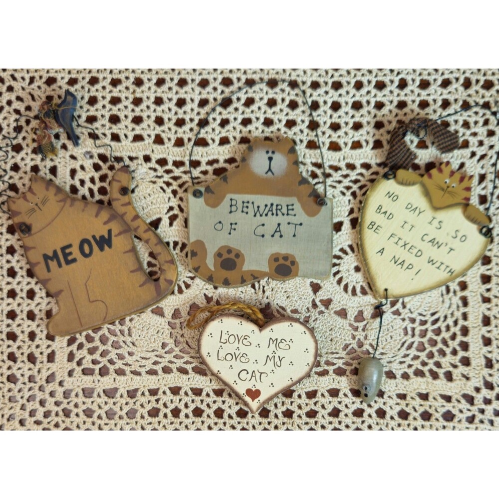 Set of 4 Small Wooden Hanging Folk Art Signs Humorous Cat Theme